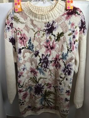 Vintage Cream Floral Crewneck Sweater Women's Long Sleeve Pullover Ramie-Cotton
